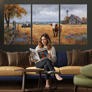 Texas Longhorn Canvas Wall Art, Rustic Farm Barn Bluebonnet