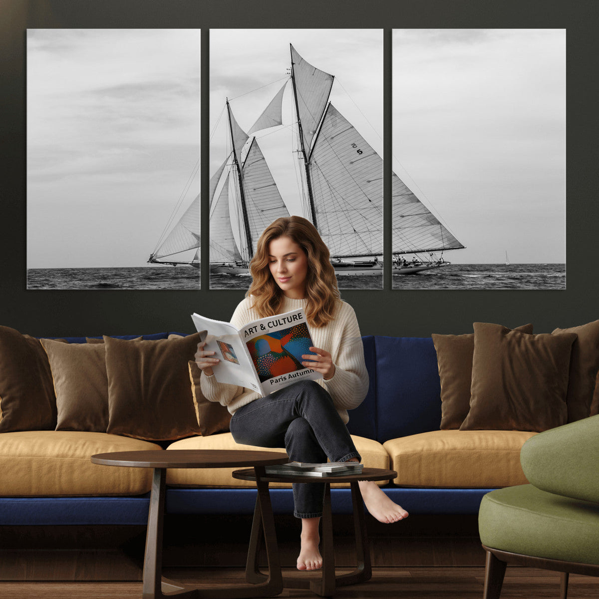 Vintage Sailboat Wall Art Canvas Print, Black and White