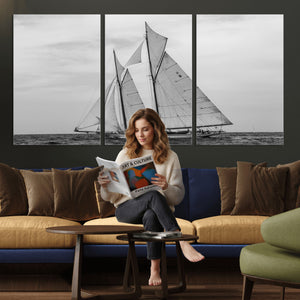 Vintage Sailboat Wall Art Canvas Print, Black and White
