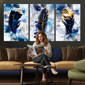 Feather Canvas Wall Art Navy Blue Gold Watercolor Abstract