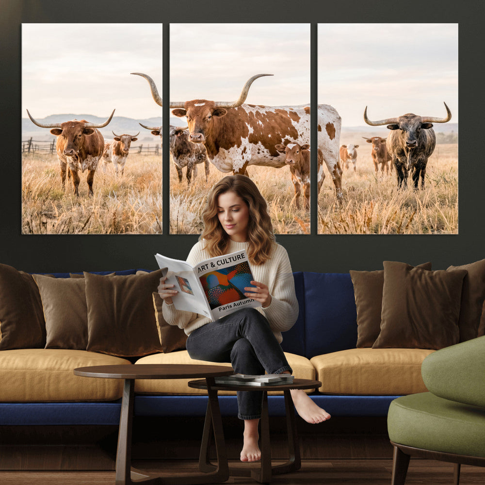Texas Longhorn Canvas Wall Art, Rustic Farm Animal Photography Print, Farmhouse Country Decor, Western Ranch Art