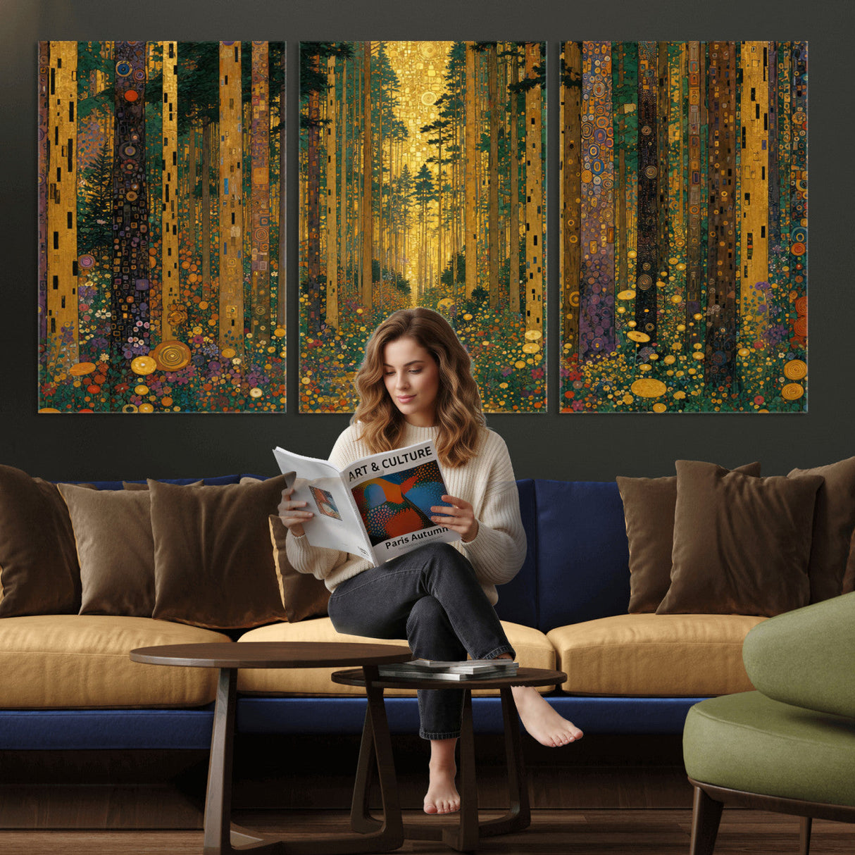 Gustav Klimt Style Forest Canvas Wall Art, Golden Forest Path Floral Art Nouveau Print, Enchanted Woodland Decor