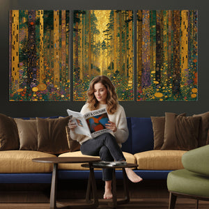 Gustav Klimt Style Forest Canvas Wall Art, Golden Forest Path Floral Art Nouveau Print, Enchanted Woodland Decor