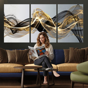 Black and Gold Abstract Wall Art, Modern Wave Canvas Print, Elegant Flowing Smoke Art, Luxury Living Room Decor