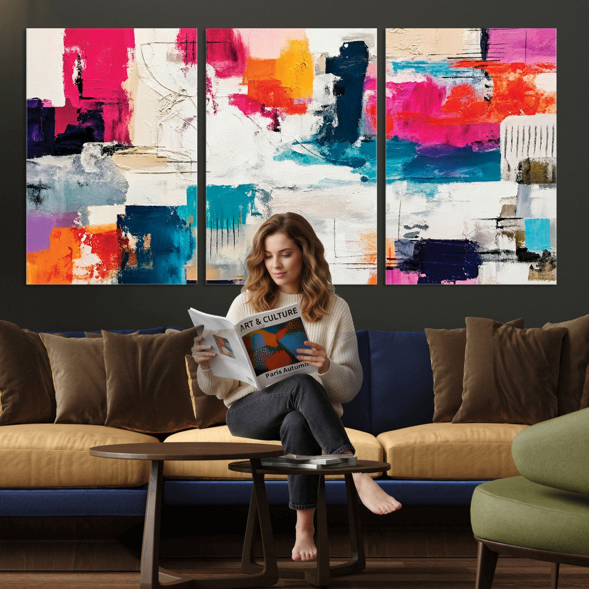 Blue Teal Abstract Canvas Wall Art, Modern Textured Painting Print, Navy Orange White Contemporary Art, Neutral Living Room Decor, Office Art