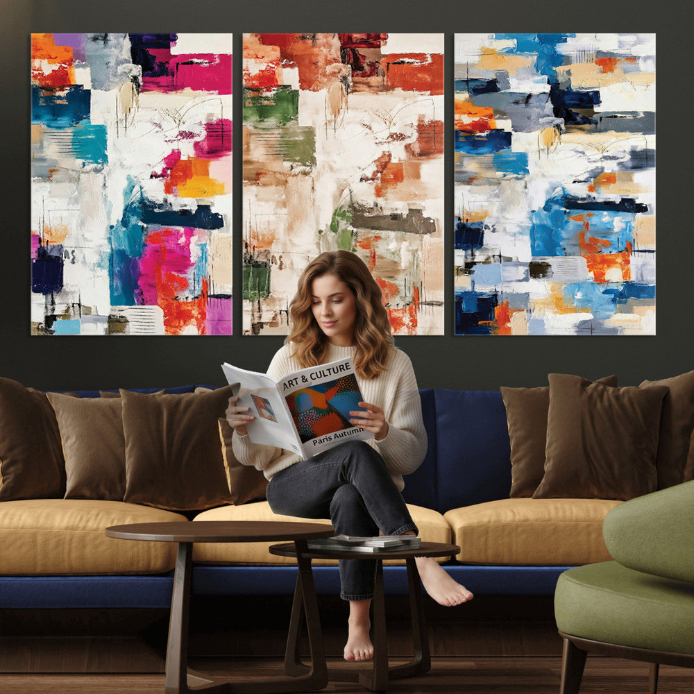 Blue Teal Abstract Canvas Wall Art, Modern Textured Painting Print, Navy Orange White Contemporary Art, Neutral Living Room Decor, Office Art