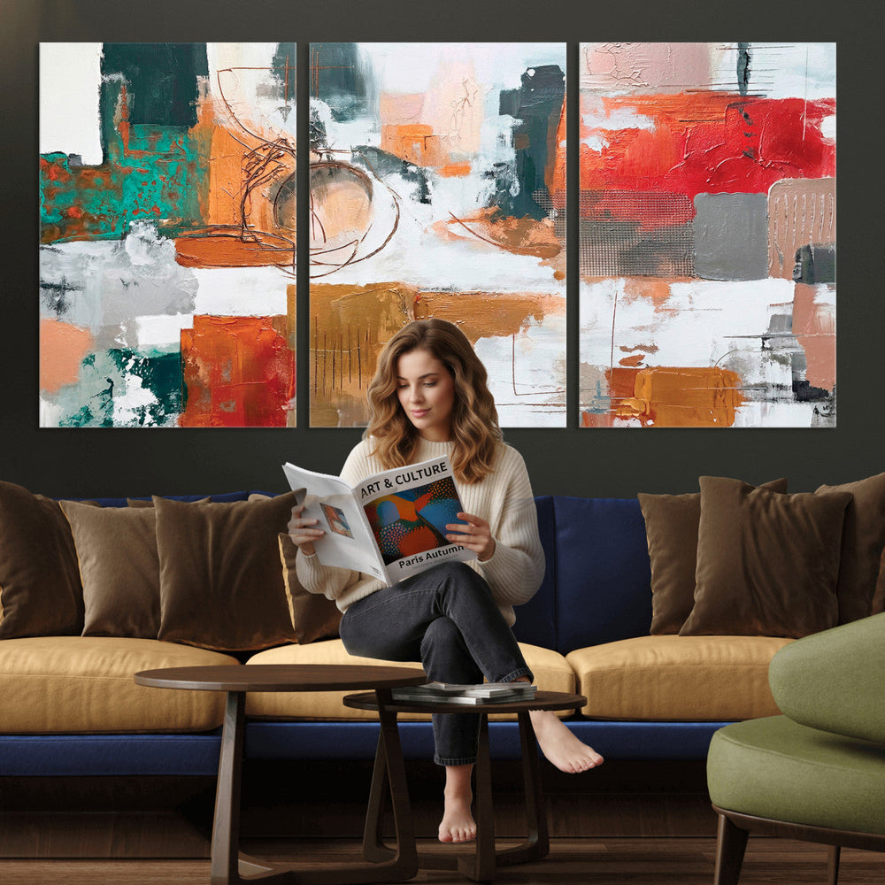 Blue Teal Abstract Canvas Wall Art, Modern Textured Painting Print, Navy Orange White Contemporary Art, Neutral Living Room Decor, Office Art