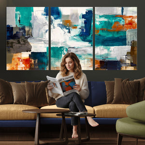 Blue Teal Abstract Canvas Wall Art, Modern Textured Painting Print, Navy Orange White Contemporary Art, Neutral Living Room Decor, Office Art