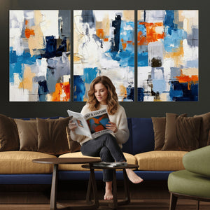 Blue Teal Abstract Canvas Wall Art, Modern Textured Painting Print, Navy Orange White Contemporary Art, Neutral Living Room Decor, Office Art