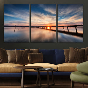 Wooden Pier on Seascape and Sunset Wall Art Canvas Print