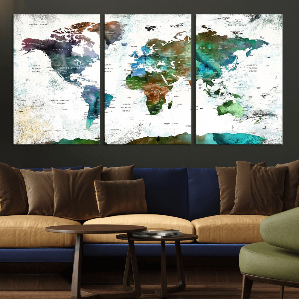 Modern Watercolor World Map Canvas Wall Art – Framed