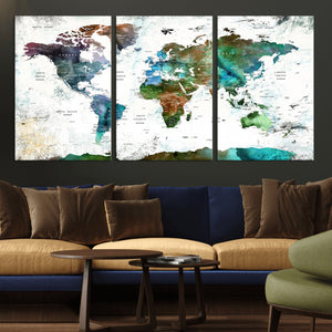Modern Watercolor World Map Canvas Wall Art – Framed