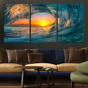 Ocean Wave Sunset Wall Art | Large Coastal Wave Canvas Print