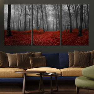 Red Forest Floor Canvas Wall Art – Mystical Foggy Woodland