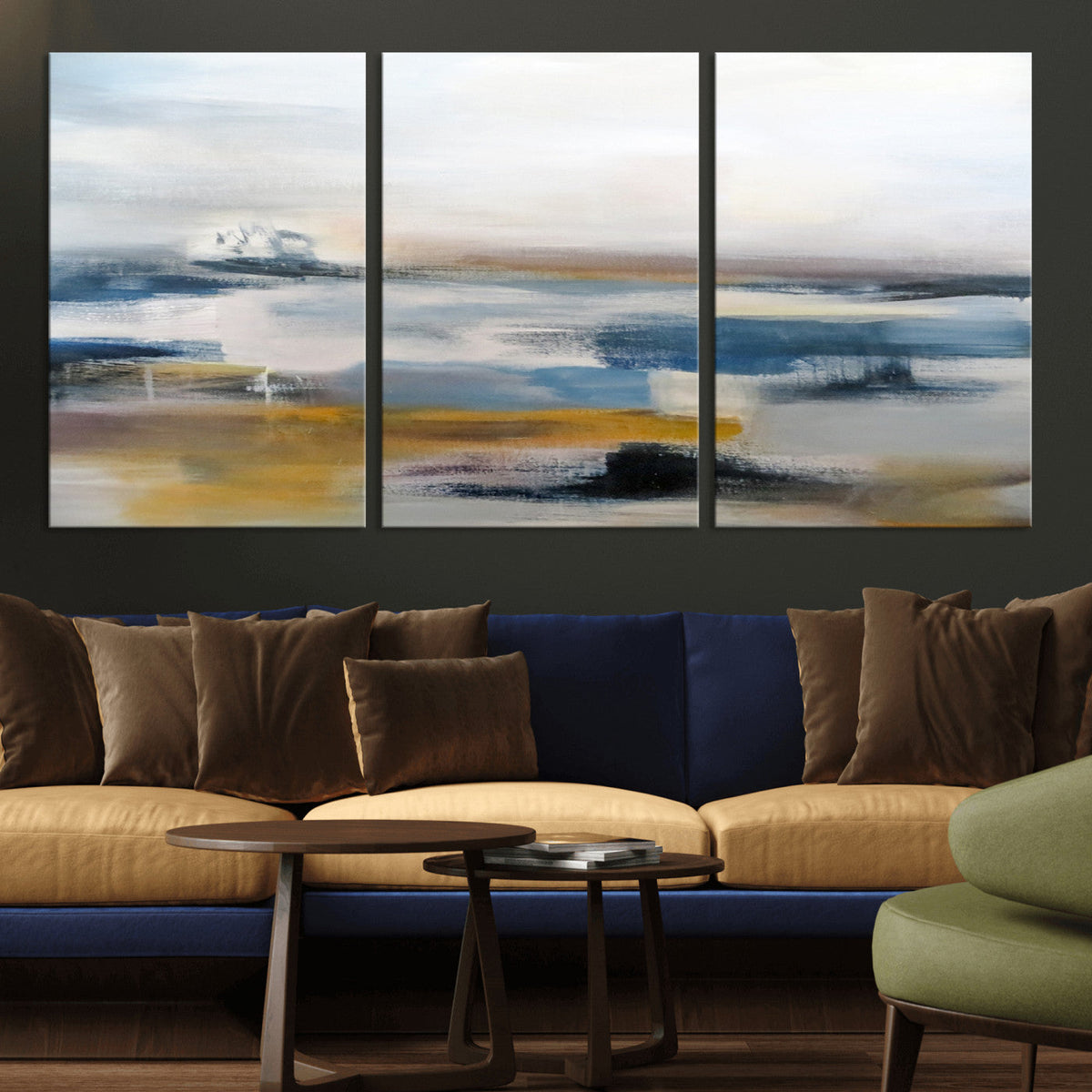 Abstract Landscape Wall Art Canvas | 3 Panel Modern Blue,