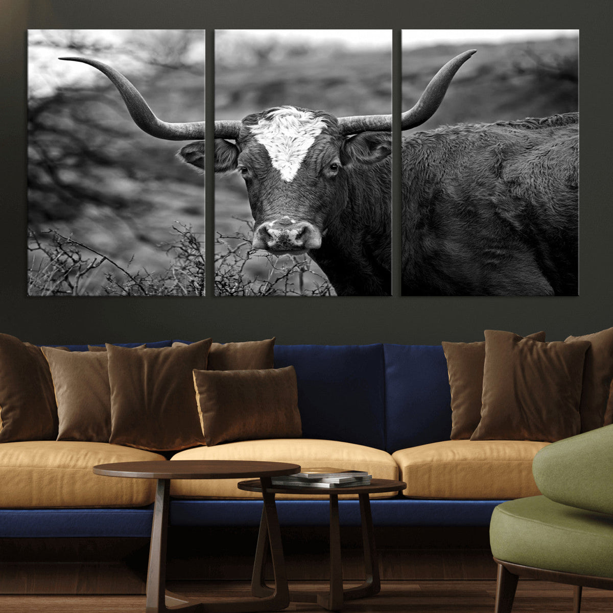 Western Home Wall Art Canvas Print, Framed Texas Longhorn