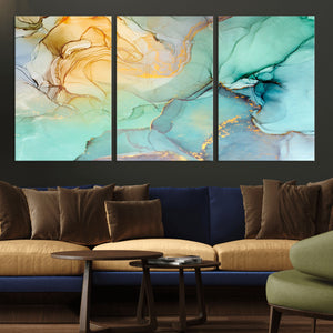 Abstract Aqua and Gold Fluid Wall Art Canvas | 3 Panel Large