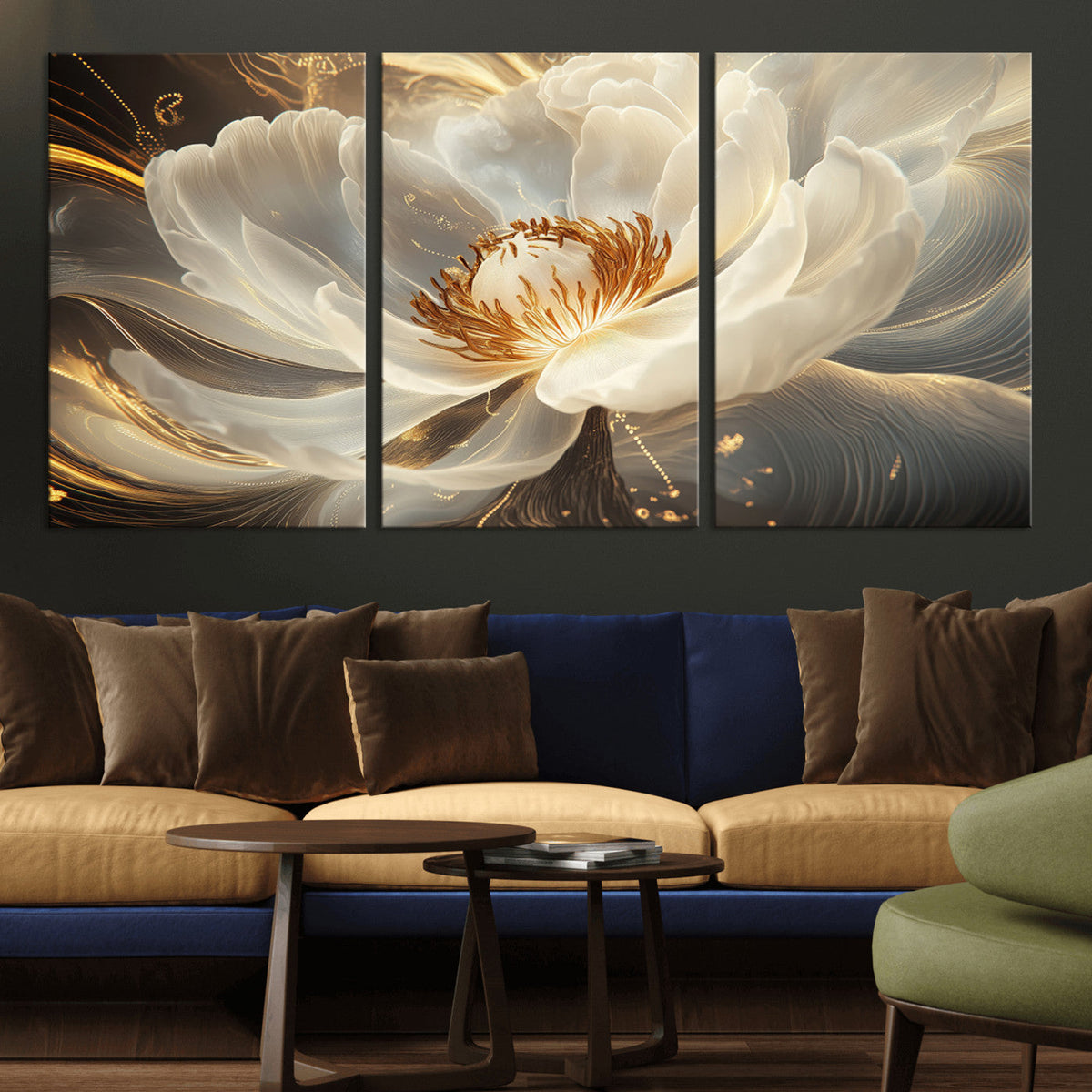 Gold Floral Wall Art Canvas Print, Framed Modern Flower Art