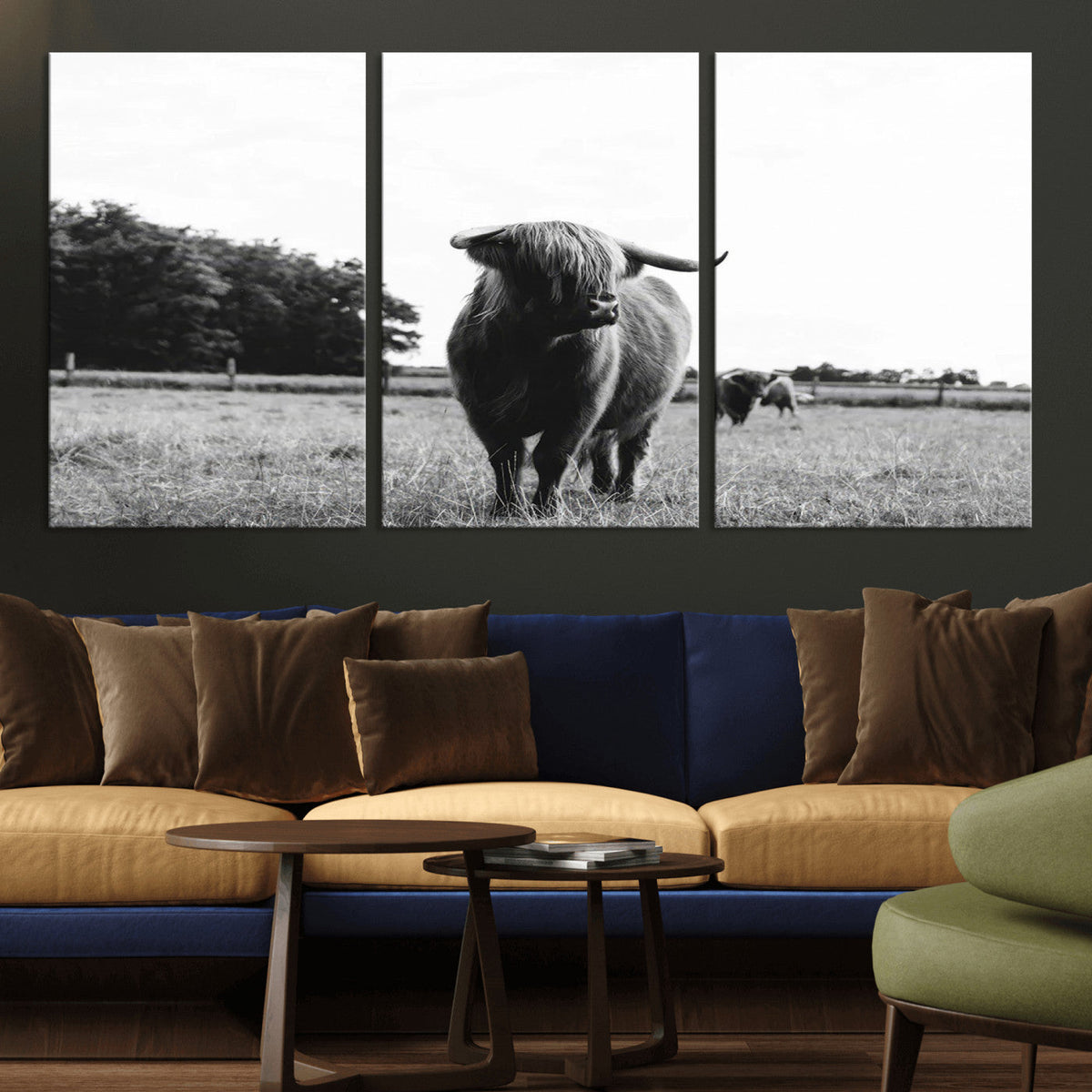 Black and White Highland Cow Wall Art Canvas Print | Rustic
