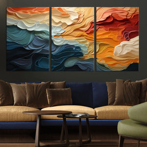 Blue Orange Abstract Wave Wall Art Canvas Print, Framed Blue