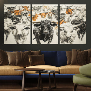 Farmhouse Wall Art | Western Longhorn Cattle Canvas Print |