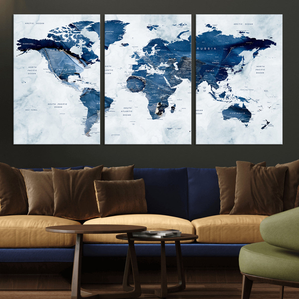 Modern Blue World Map Canvas Print – Framed Wall Art,