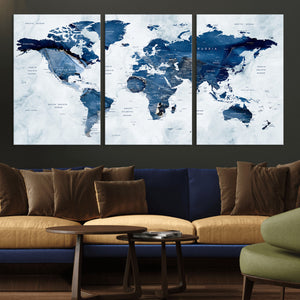 Modern Blue World Map Canvas Print – Framed Wall Art,