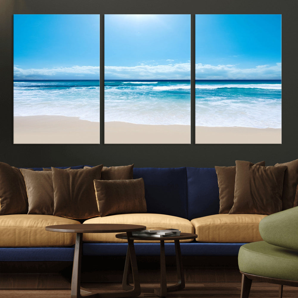 Wall Art Canvas Print Shiny Blue Sea and Beach