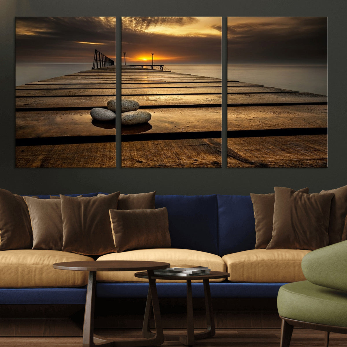 Stones on Wooden Pier at Sunset Canvas Print, Serene Coastal