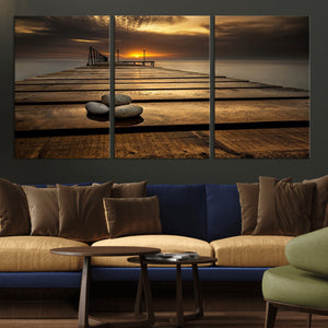 Stones on Wooden Pier at Sunset Canvas Print, Serene Coastal
