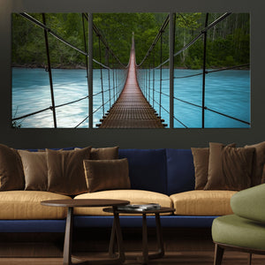 Suspension Bridge Over River Canvas Art | 3-Panel Nature