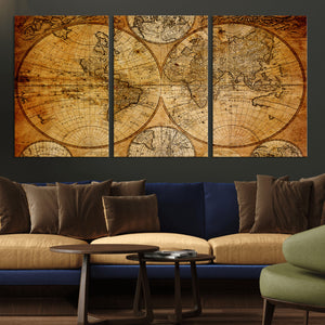 Vintage World Map Canvas Print – Antique Push Pin Travel
