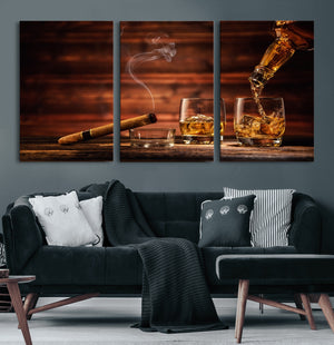Whiskey and Cigar Wall Art Canvas | 3 Panel Bar Room Decor