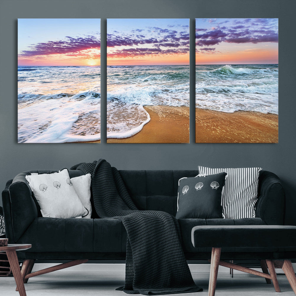 Coastal Sunset Art Beach Canvas Wall Art Print | Ocean Waves