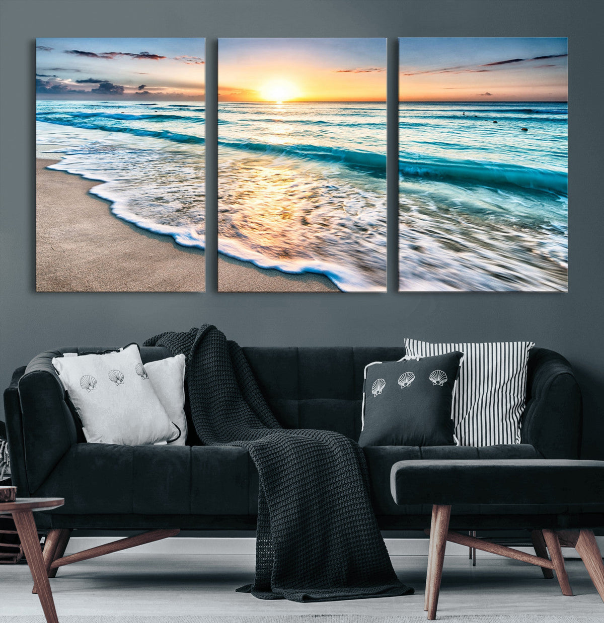 Sunset Beach Waves Canvas Wall Art – 5-Panel Ocean Sunset