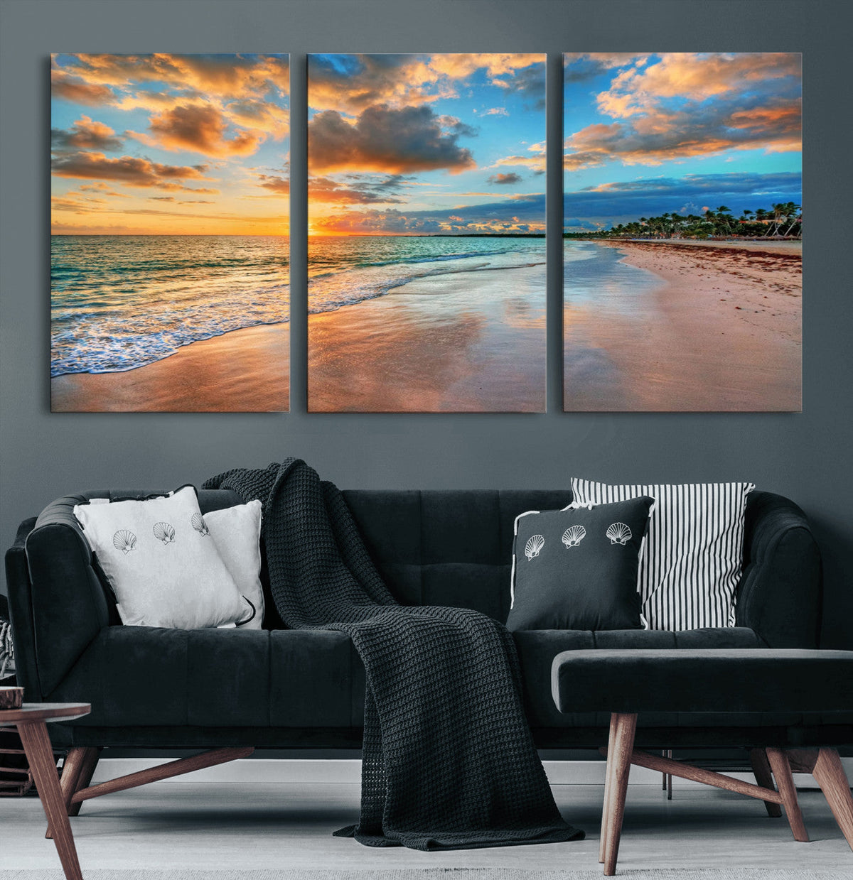 Sunset Ocean Waves on Tropical Beach, 3-Panel Giclee Canvas