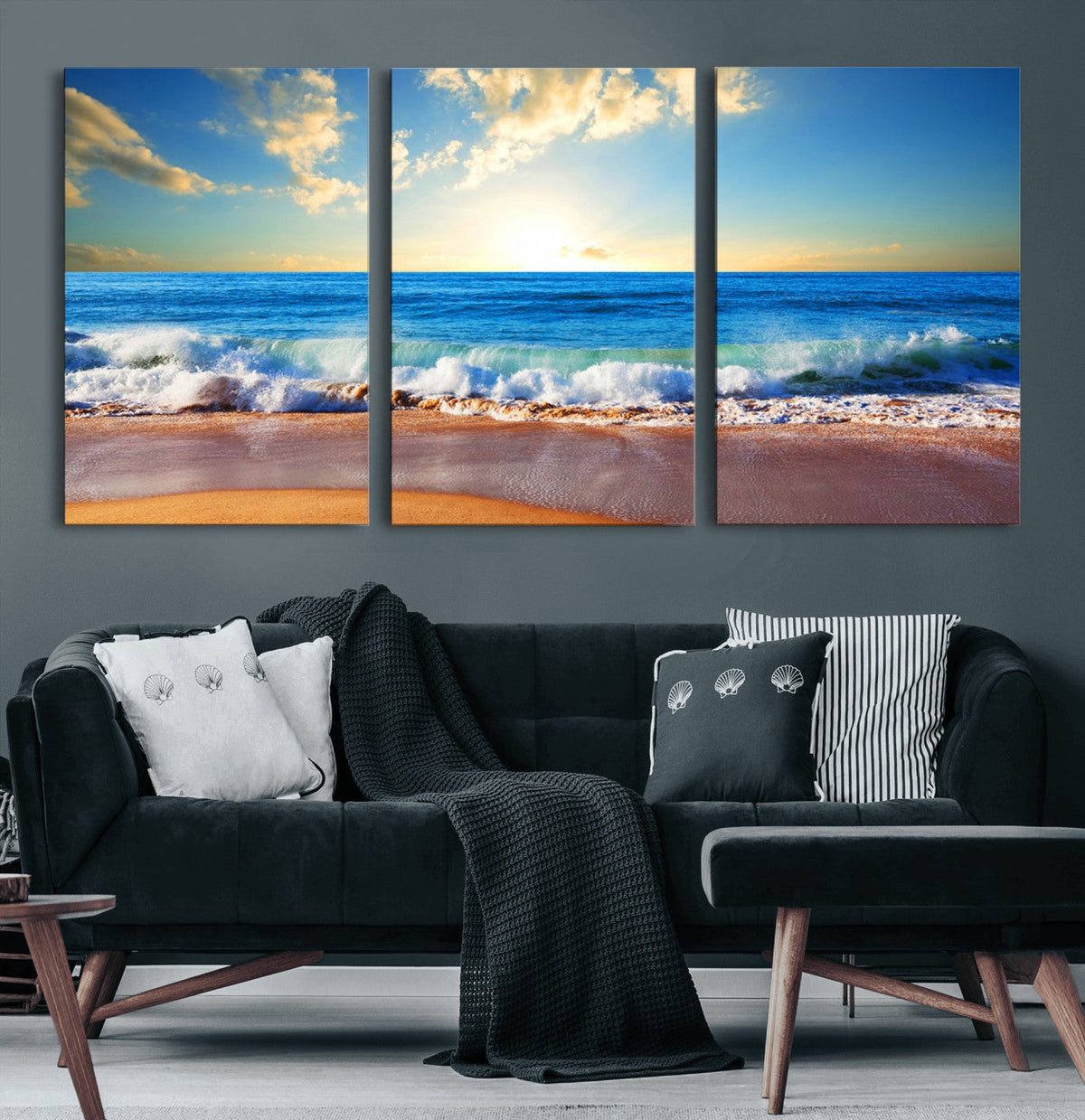 Tropical Beach Sunset Canvas Art, Ocean Waves and Sandy