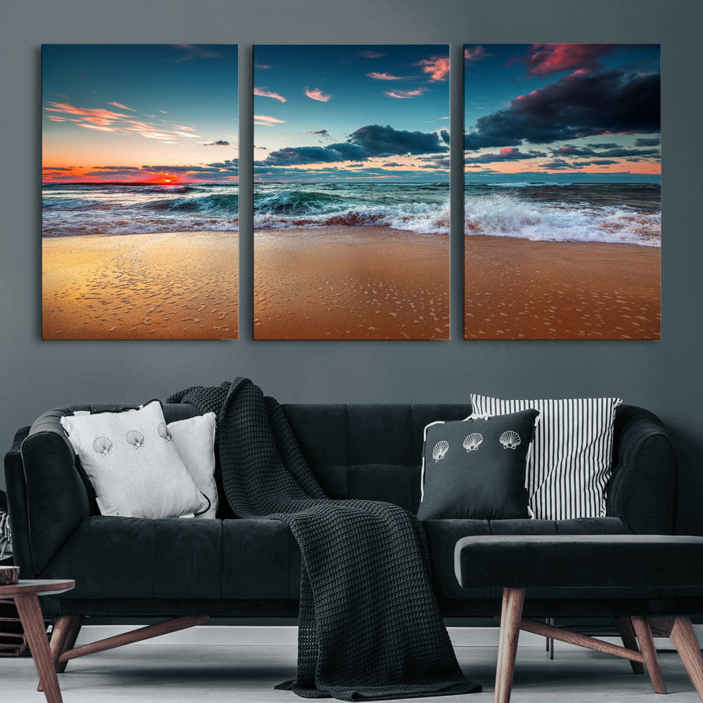 Sunset on Beach Wall Art Ocean Beach Canvas Print