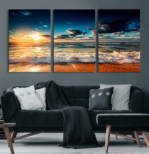 Golden Hour Sunset Over Ocean Waves Wall Art Canvas Print |