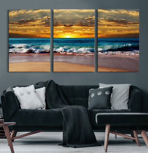 Ocean Sunrise Over Golden Beach Waves, Giclee Canvas Wall
