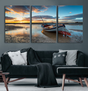 Small Boat At The Beach Sunset Wall Art, Boat Sunset Wall