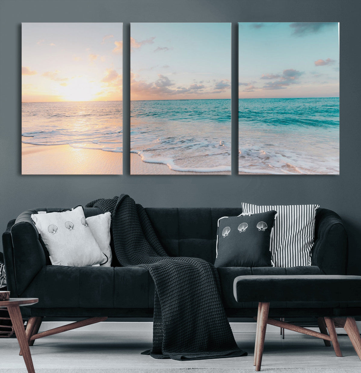 Tranquil Ocean Beach Sunset Canvas Wall Art | 3-Panel