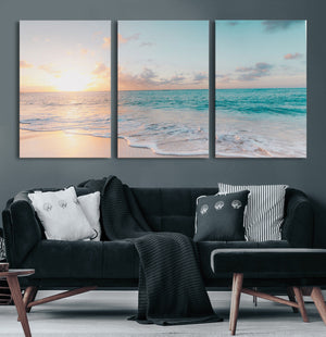 Tranquil Ocean Beach Sunset Canvas Wall Art | 3-Panel