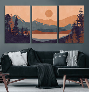 Modern Boho Sunset Canvas Print, Mountain Landscape Triptych