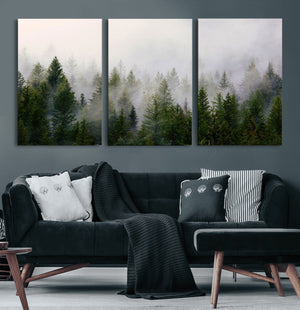 Misty Pine Forest Wall Art Canvas Print | 3 Panel Green