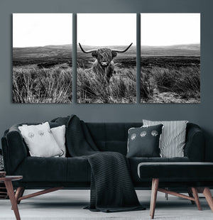 Black and White Highland Cow Canvas Wall Art, Longhorn