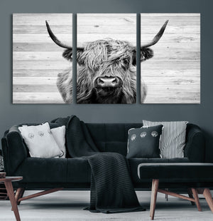 Scottish Highland Cow Cattle Art Print on Wood Background