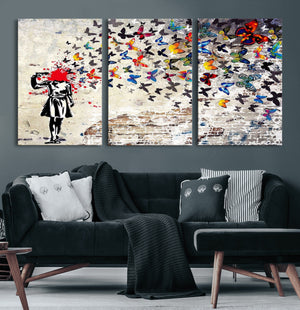 Banksy Art Butterfly Girl Explosion Canvas Art – Vibrant