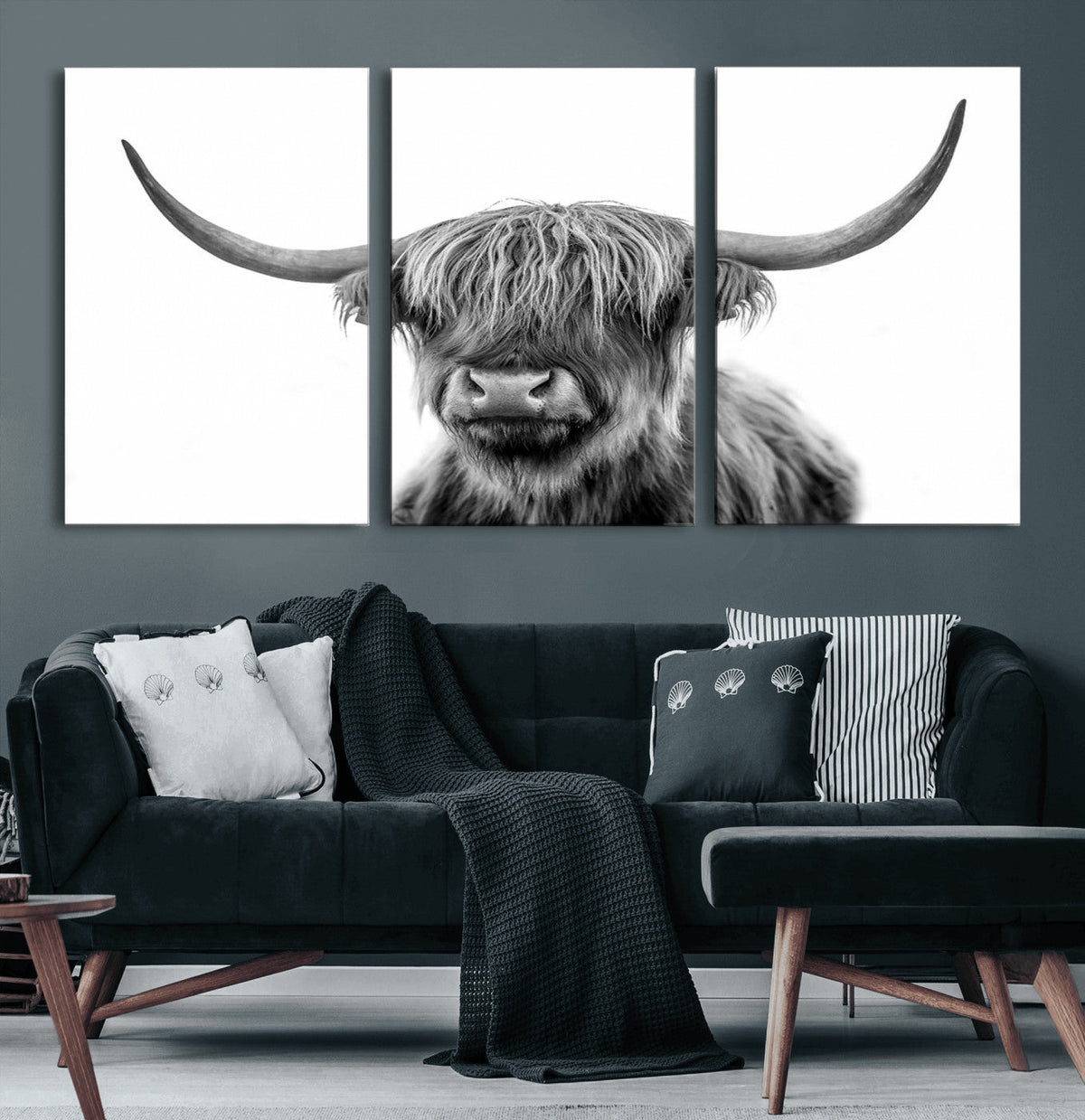 Grayscale Scottish Highland Cow Cattle Art Print Farmhouse