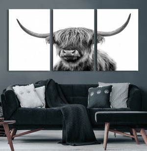 Grayscale Scottish Highland Cow Cattle Art Print Farmhouse